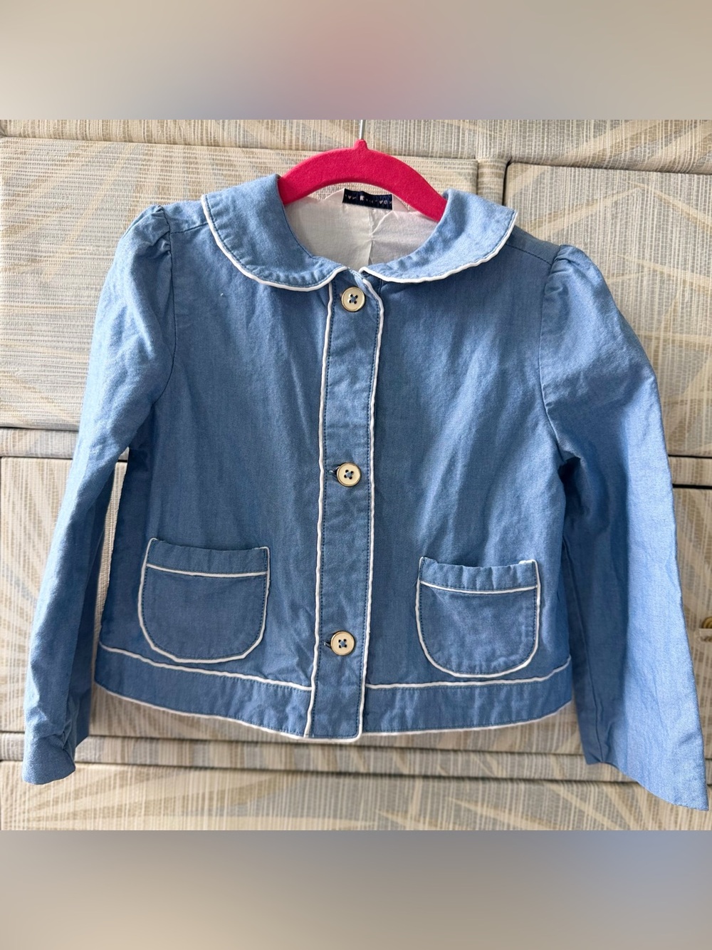 Janie and Jack Light Blue Button-Up Denim Jacket with White Piping